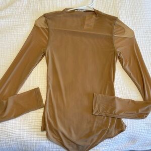 Iris NWT Tan Sheer Long Sleeve Bodysuit, double lined body  / Sz Small w stretch
